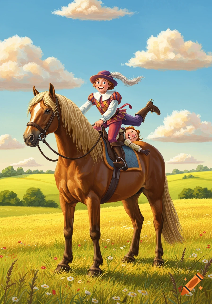 Whimsical illustration of a person riding a brown horse in a field, with a smaller person comically lying on the horse's back.
