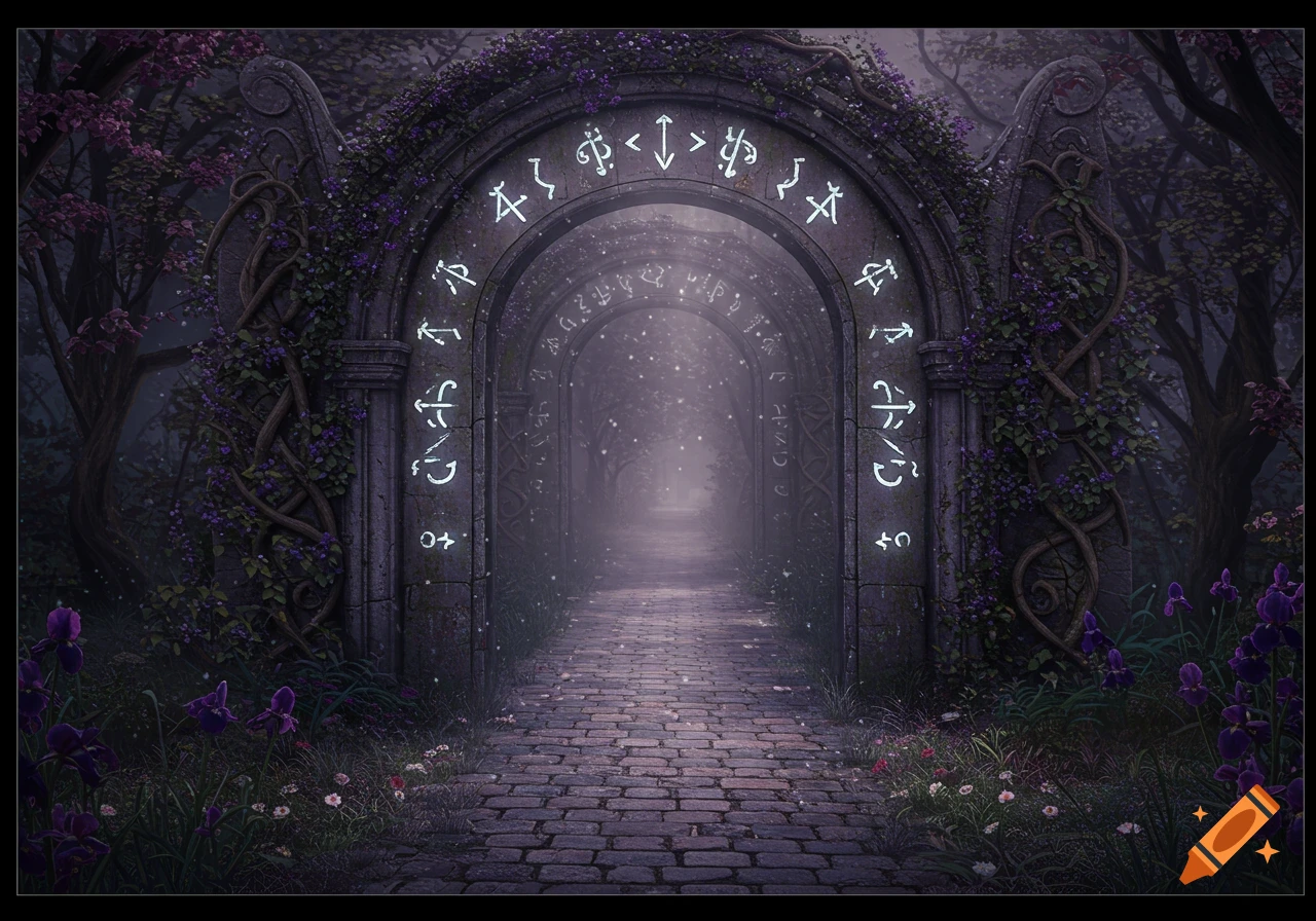 A mystical stone archway adorned with glowing runes and purple vines, leading to a foggy, illuminated path through a dark forest.