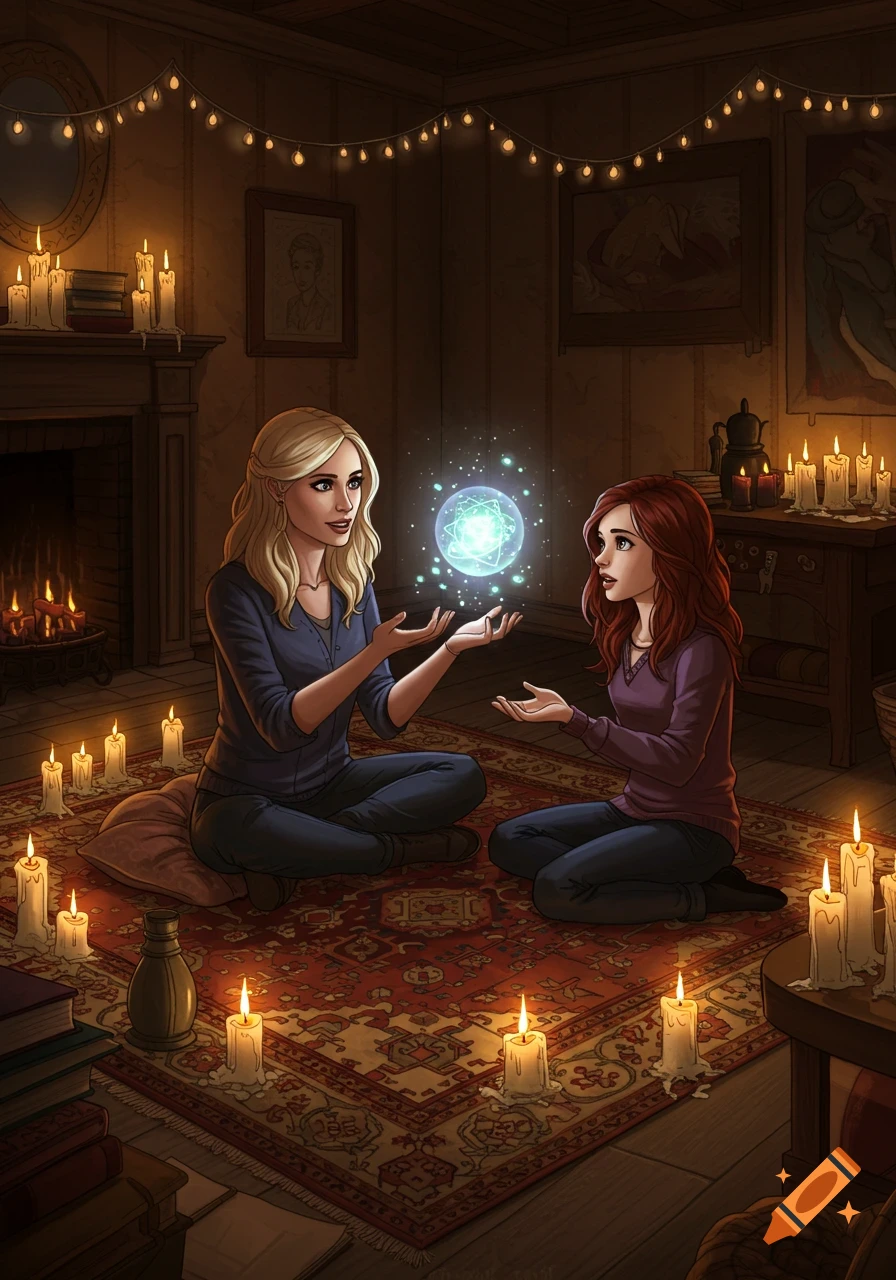 Two women sit on a rug in a candlelit room, one holding a glowing magical orb, in a digital art style.