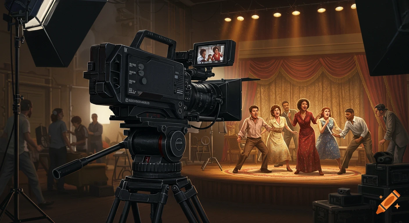 A large video camera on a tripod faces a stage where six actors perform under spotlights, in a film production studio.