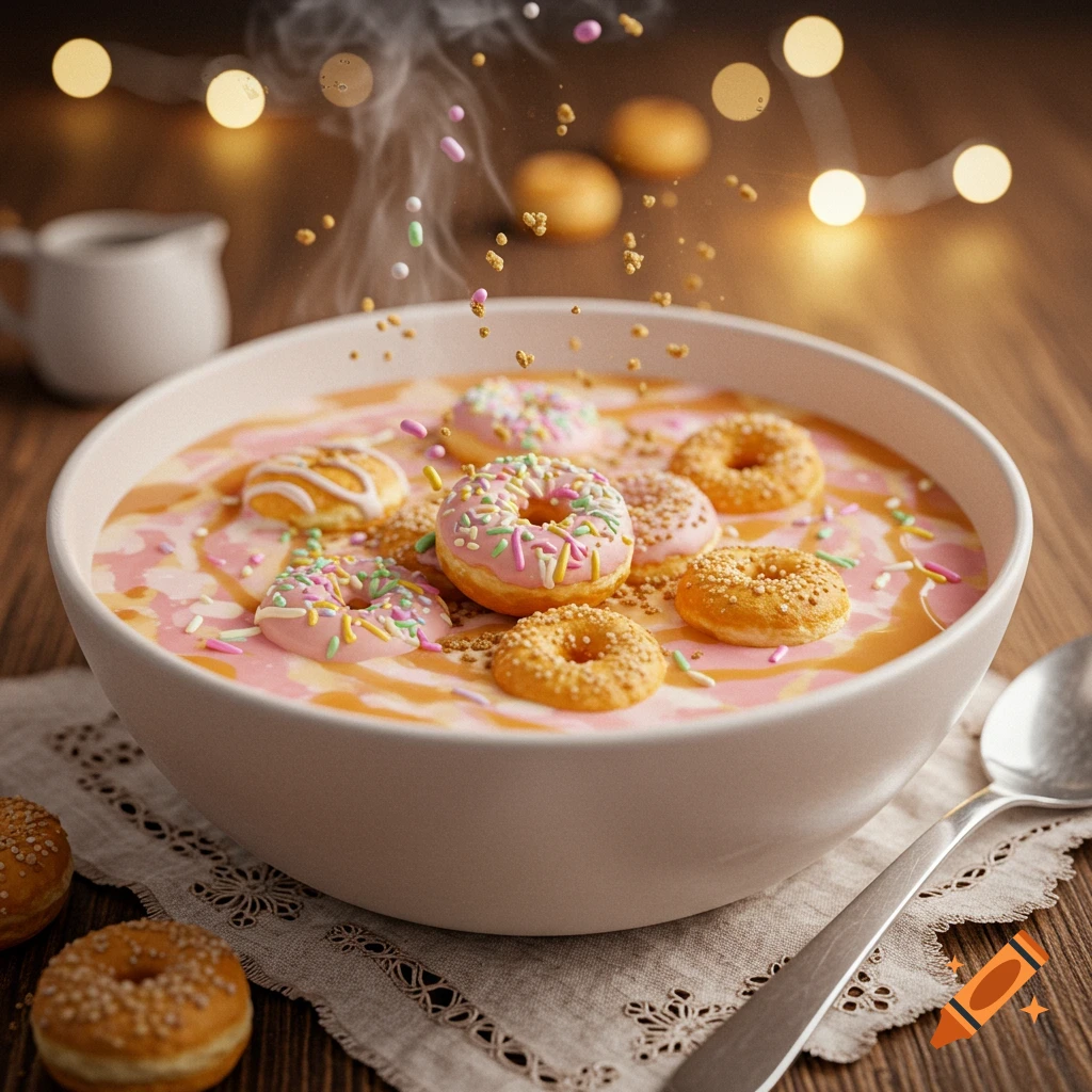 A bowl of mini donuts with frosting and sprinkles floating in a swirled pink and orange liquid, on a wooden table with a spoon.
