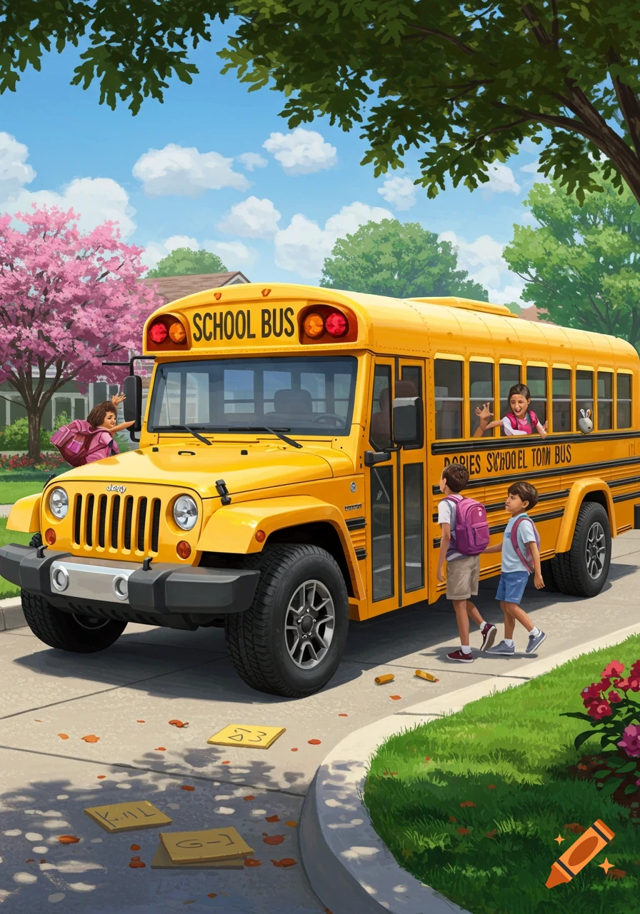 An illustrated yellow Jeep Wrangler school bus with children boarding and waving. The scene is set on a sunny street with trees and a house in the background.