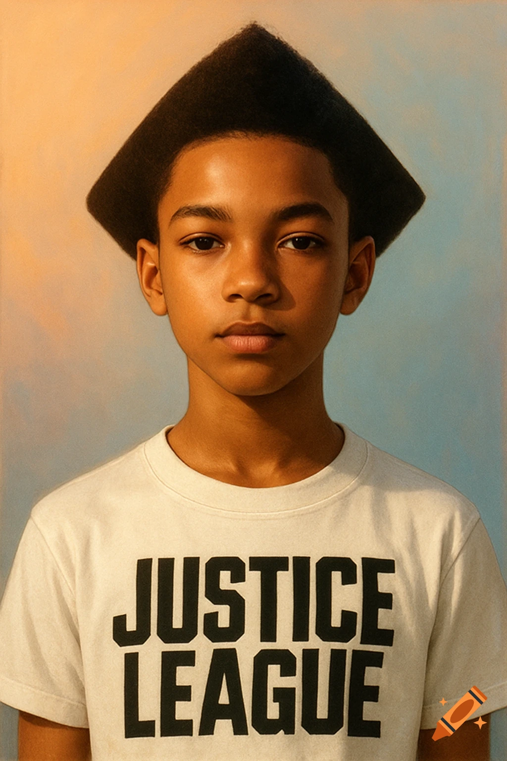 A young person with a unique triangular Afro haircut wears a white t-shirt with 'JUSTICE LEAGUE' printed on it in a photorealistic style.