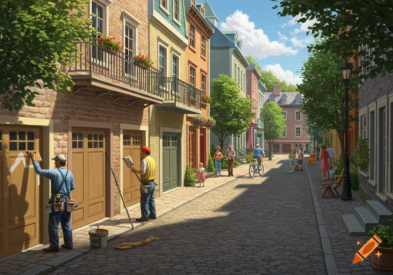 A detailed painting of a bustling street in a colorful old town, with people strolling and two painters working on garage doors.