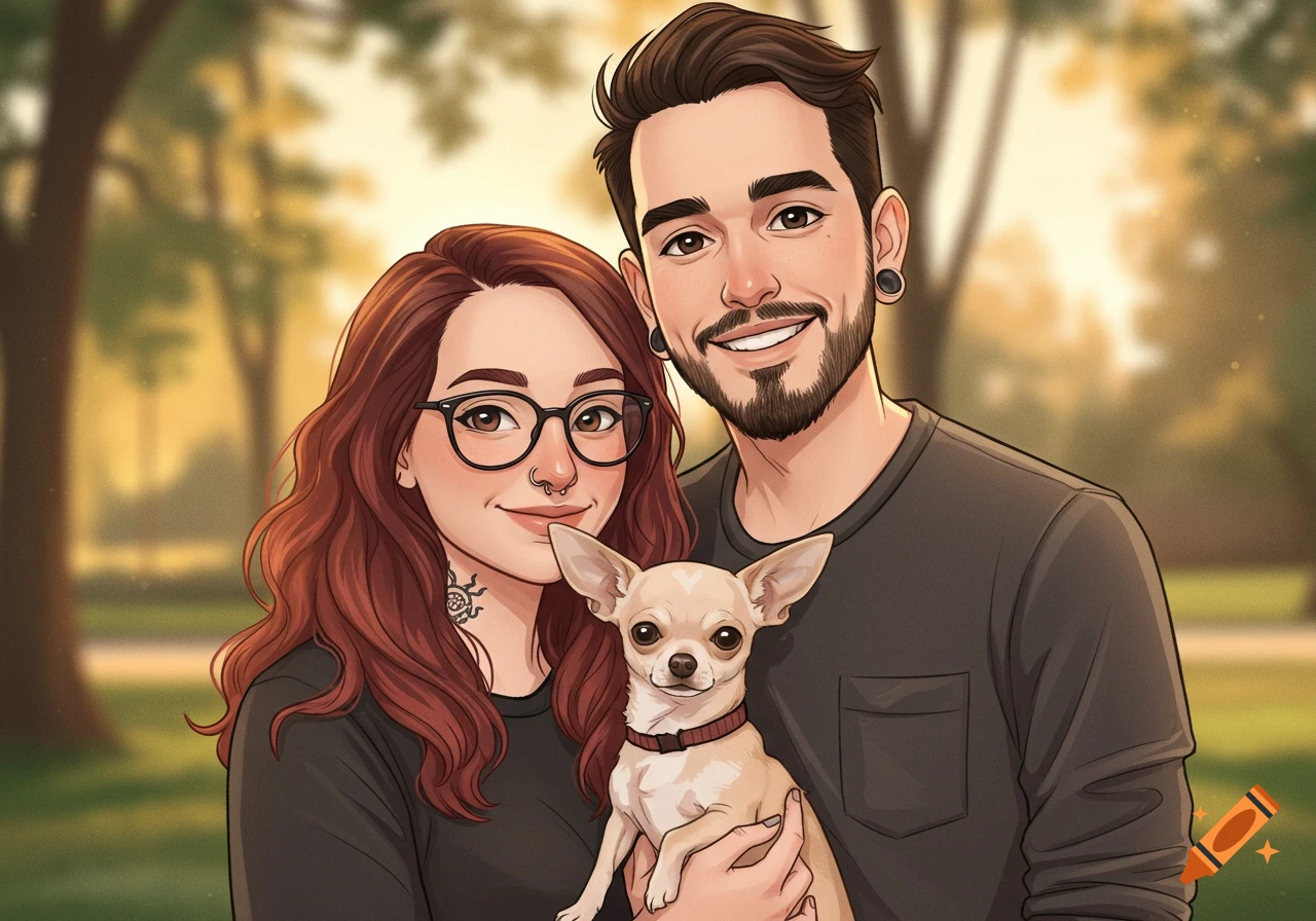 A smiling cartoon couple and their small chihuahua pose for a family portrait in a park.