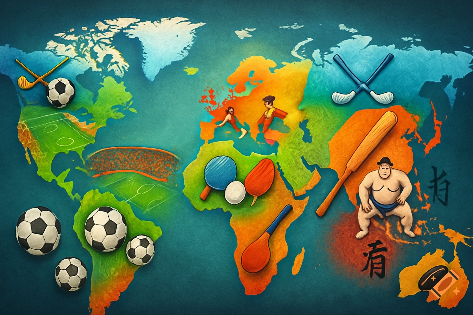 Stylized world map with various sports items and figures placed on continents, representing popular sports worldwide.