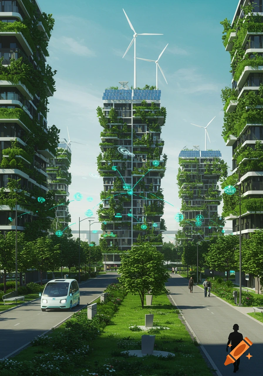 Photorealistic futuristic city with tall, green buildings, wind turbines, solar panels, a self-driving car, and glowing tech connections.