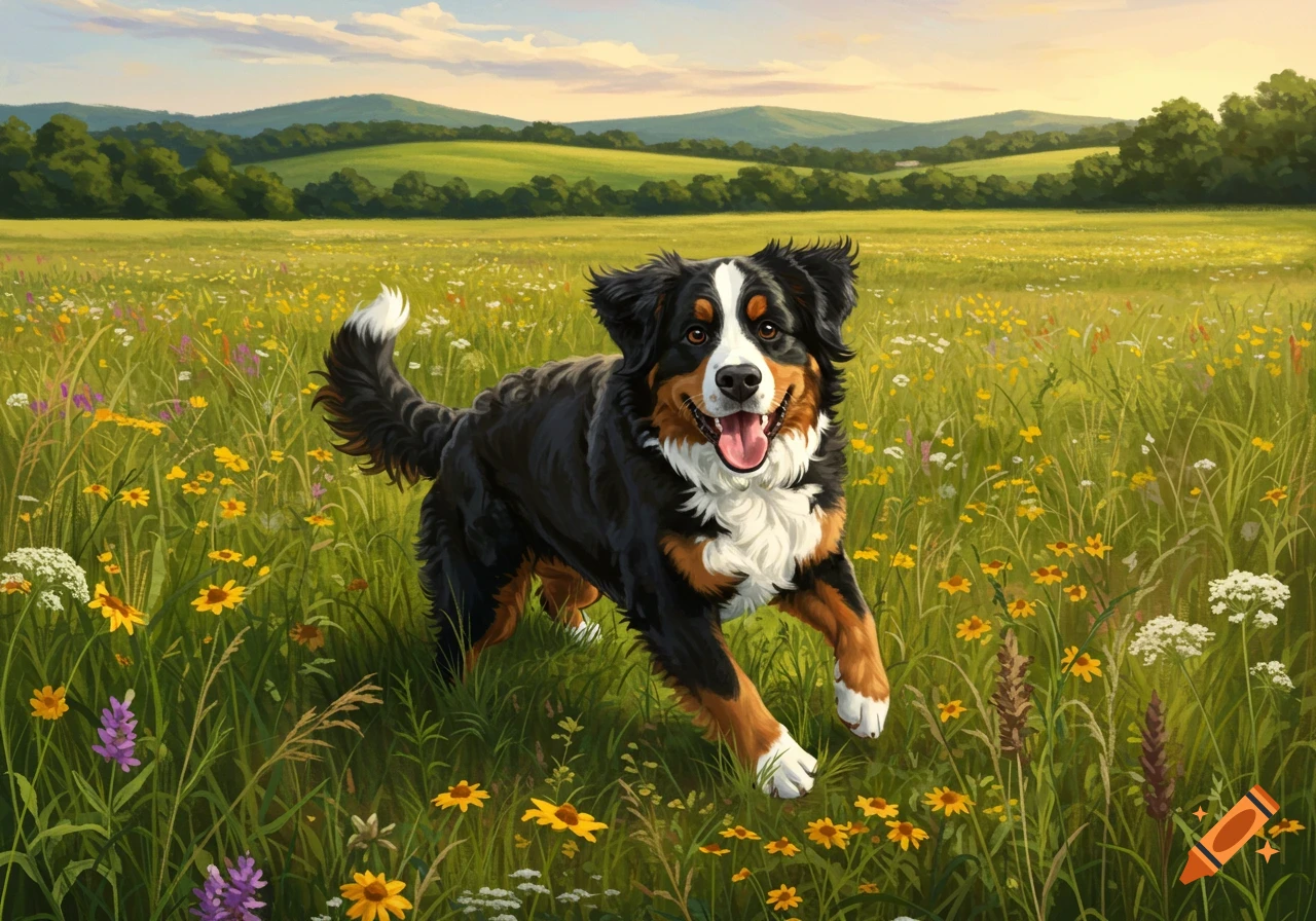 A happy Bernese Mountain Dog bounds through a sunny field of yellow and purple wildflowers under a blue sky.