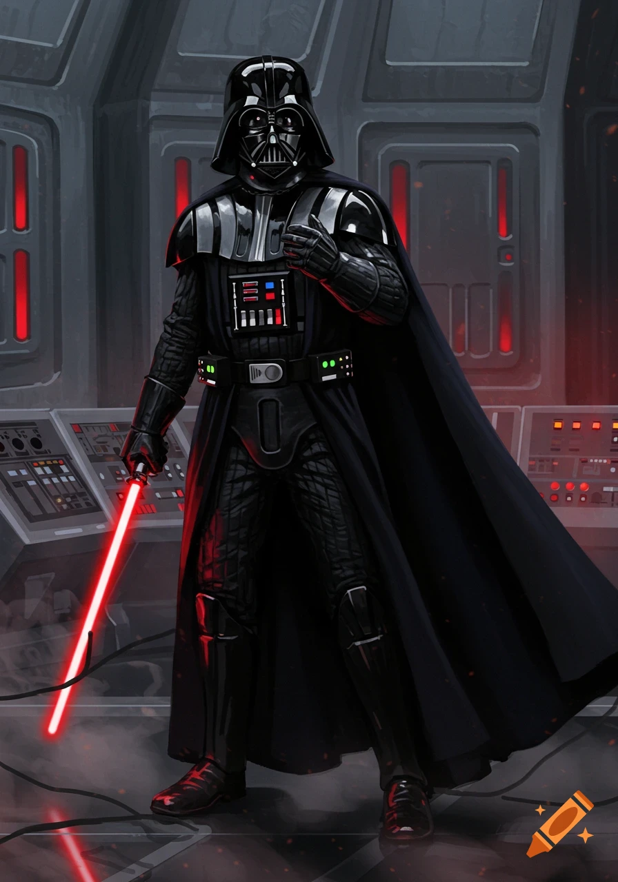 Darth Vader in full black armor and helmet, holding a red lightsaber, stands in a dark, metallic spaceship interior.