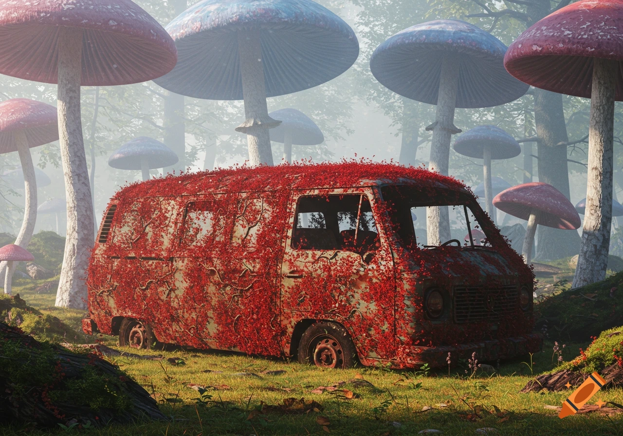 An old, moss-covered van in a mystical forest with giant red and blue mushrooms. Photorealistic style.