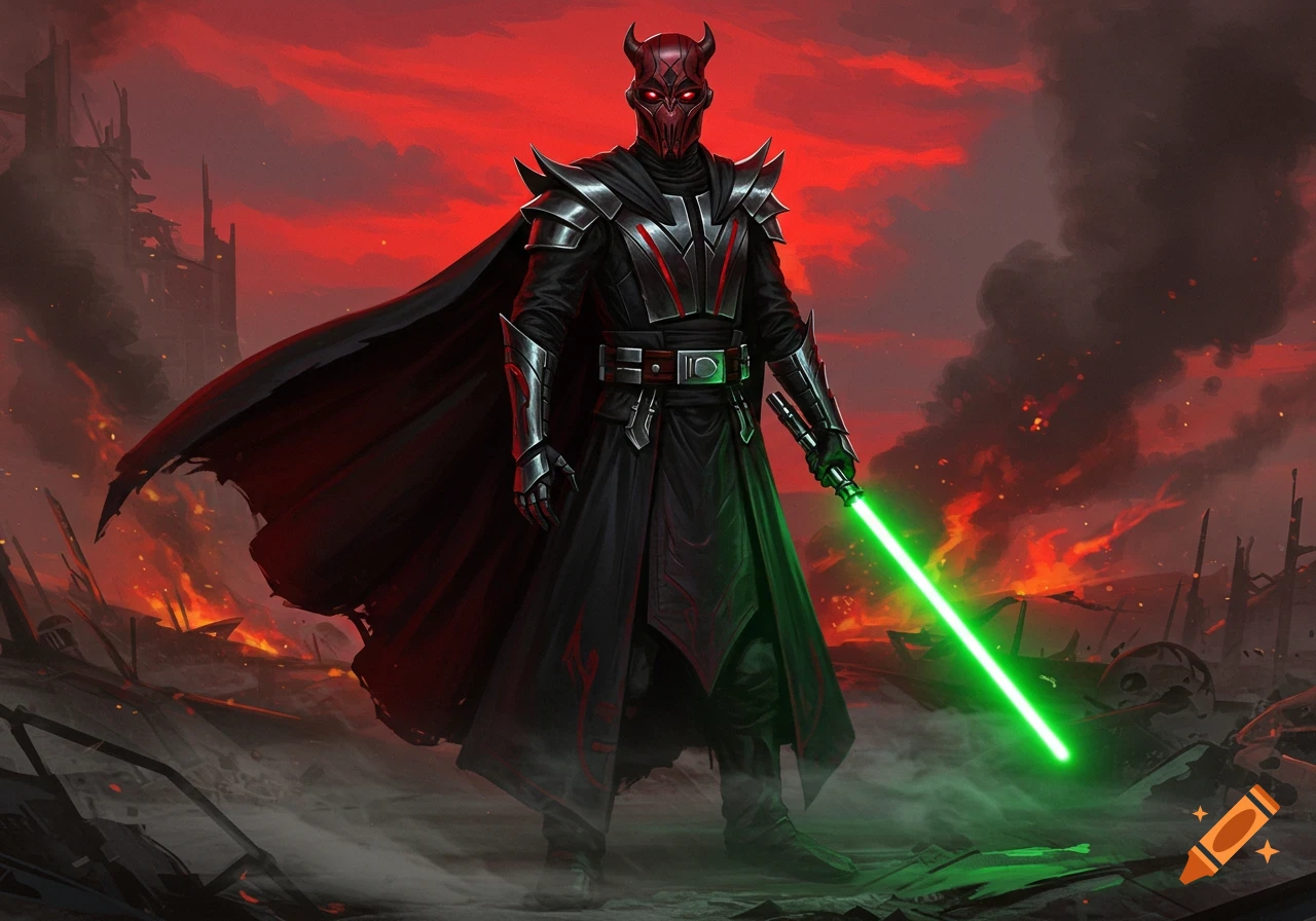 A horned, armored Sith Lord stands in a fiery, ruined landscape, holding a glowing green lightsaber under a red sky.