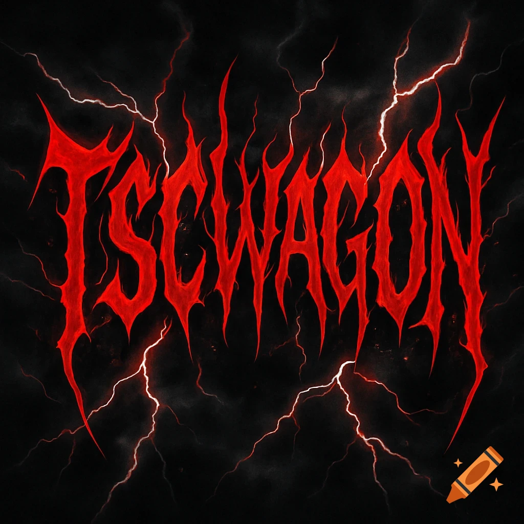 A stylized red metal-like text 'TSCWAGON' against a dark, lightning-filled sky.