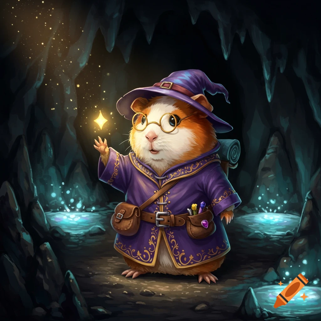 A cute guinea pig wizard wearing purple robes and glasses, casting a light spell in a dark, glowing cave.