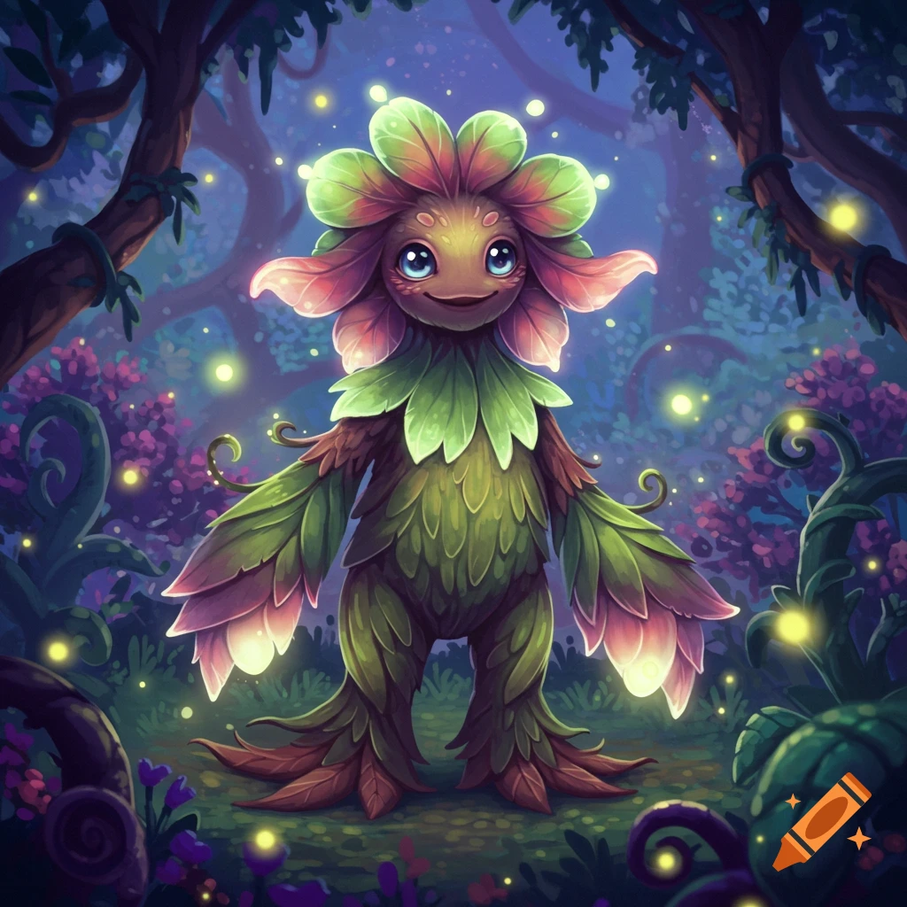 A cute, stylized plant creature with big blue eyes and a flower head stands in a magical forest at night, glowing softly.