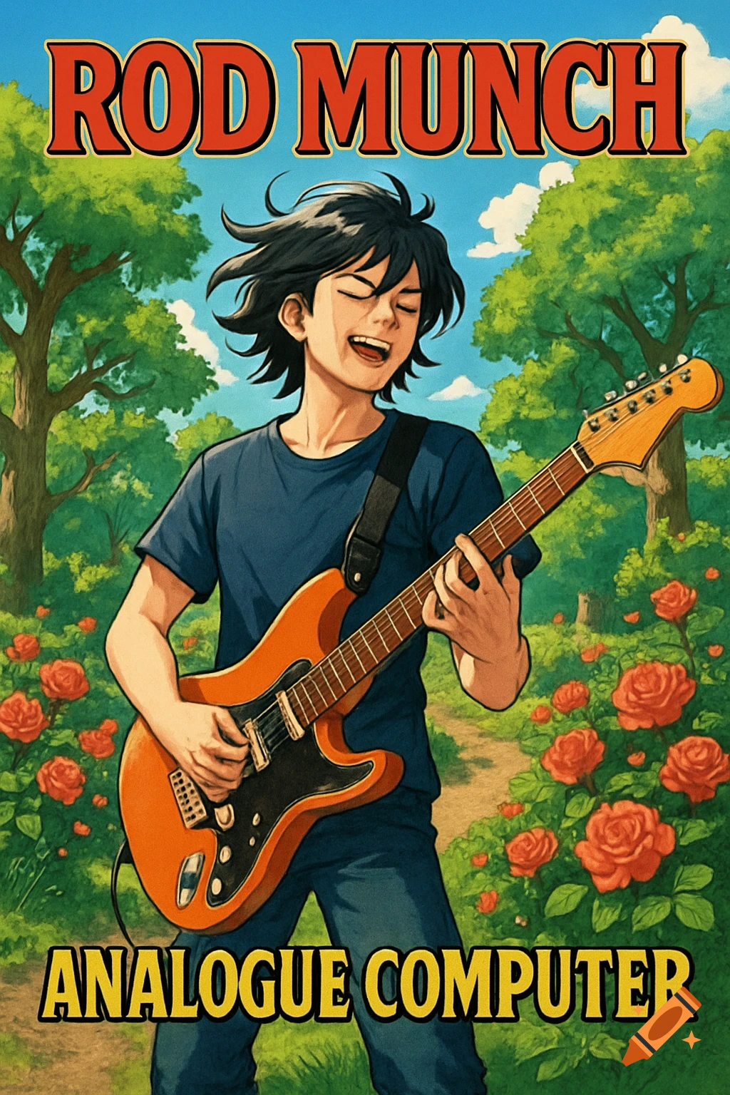 An anime-style album cover features a young man with dark hair playing an orange electric guitar in a park with trees and red roses. Text reads 'ROD MUNCH' and 'ANALOGUE COMPUTER'.
