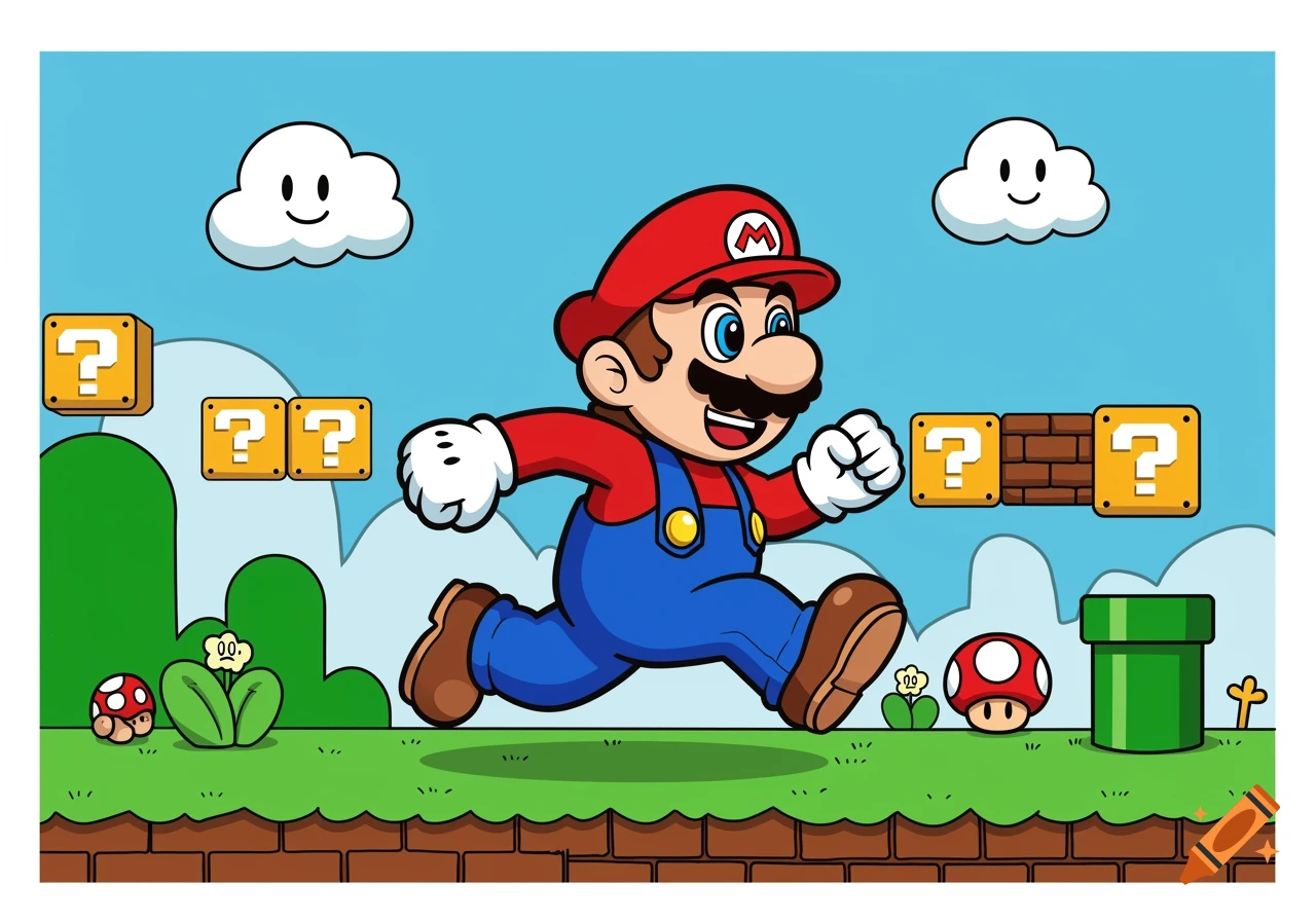 Super Mario running through a classic video game level with question blocks and clouds, in a cartoon coloring book style.