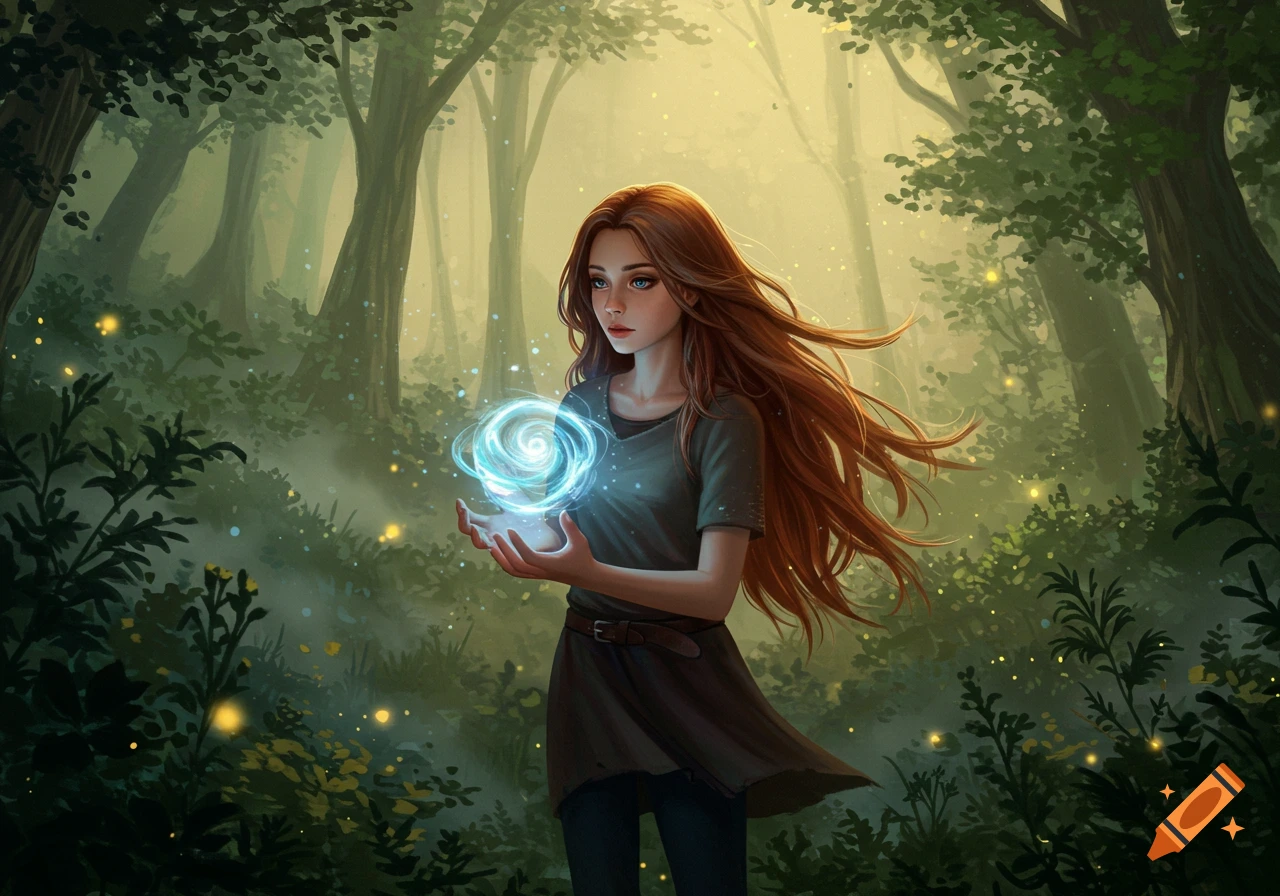 A young woman with long red hair holds a glowing blue magic orb in a mystical forest, digital painting.