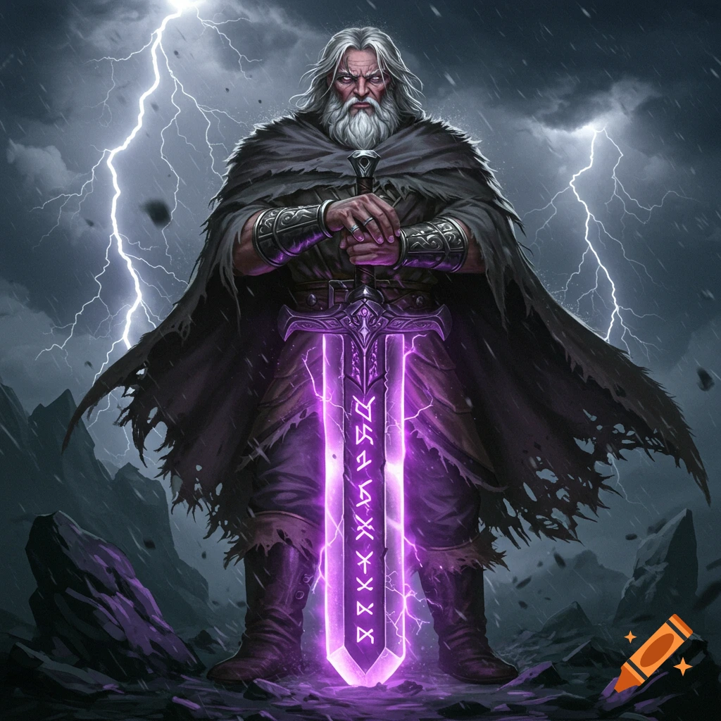 Powerful white-bearded man in dark cloak holds a glowing purple runic sword under a stormy, lightning-filled sky.