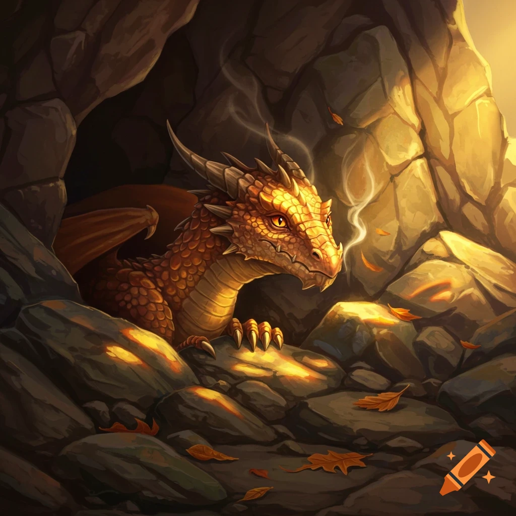 A cautious-looking orange dragon with scales glowing from warm light sits in a dark cave surrounded by rocks and autumn leaves.