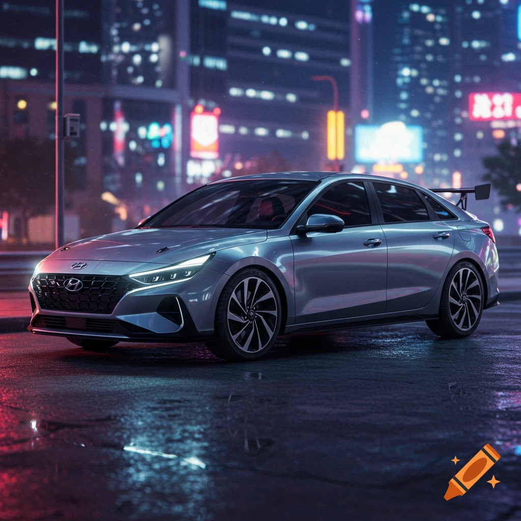 A silver car with a rear spoiler parked on a wet street at night in a futuristic city with neon lights reflecting on the ground.