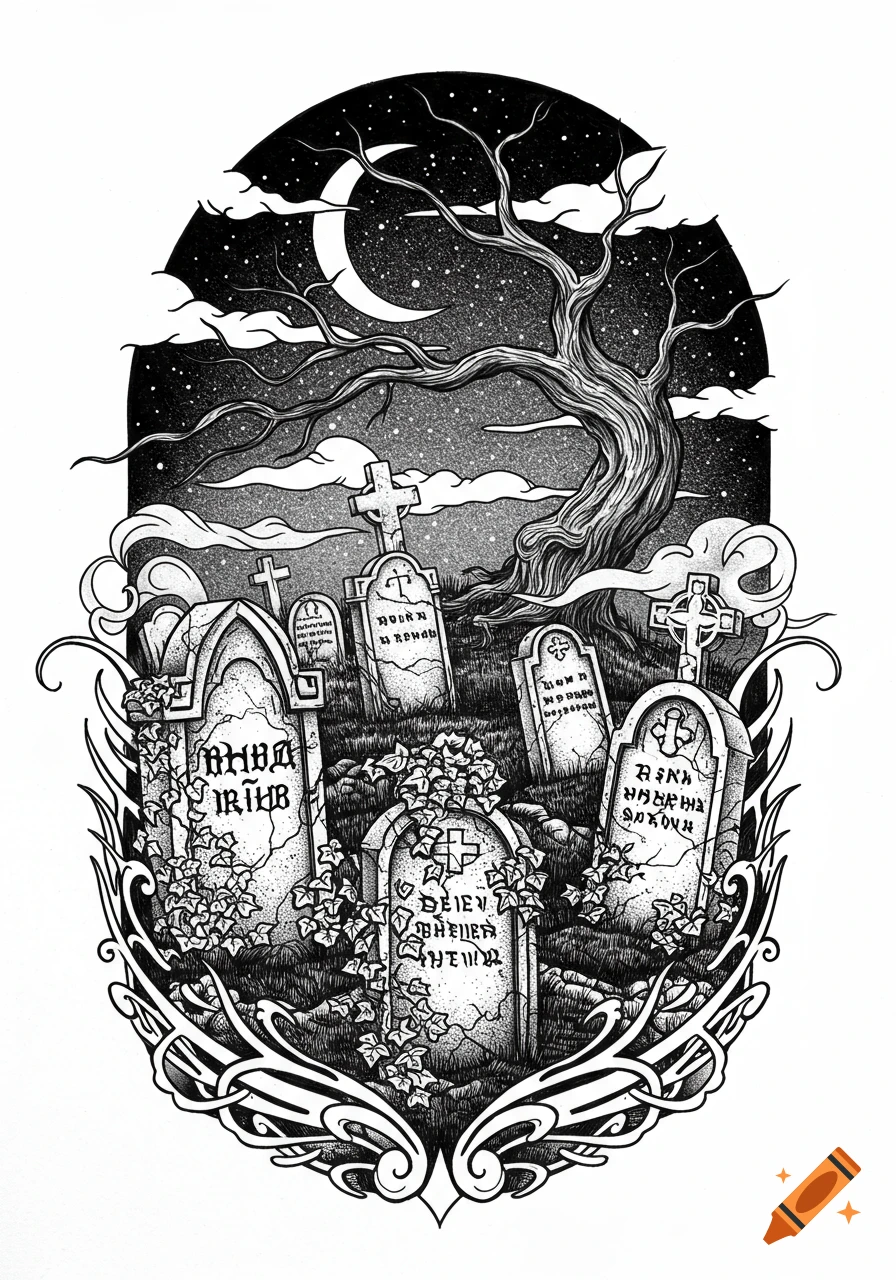 A detailed black and white illustration of a spooky graveyard at night, with an old tree, gravestones, and a crescent moon in a starry sky.