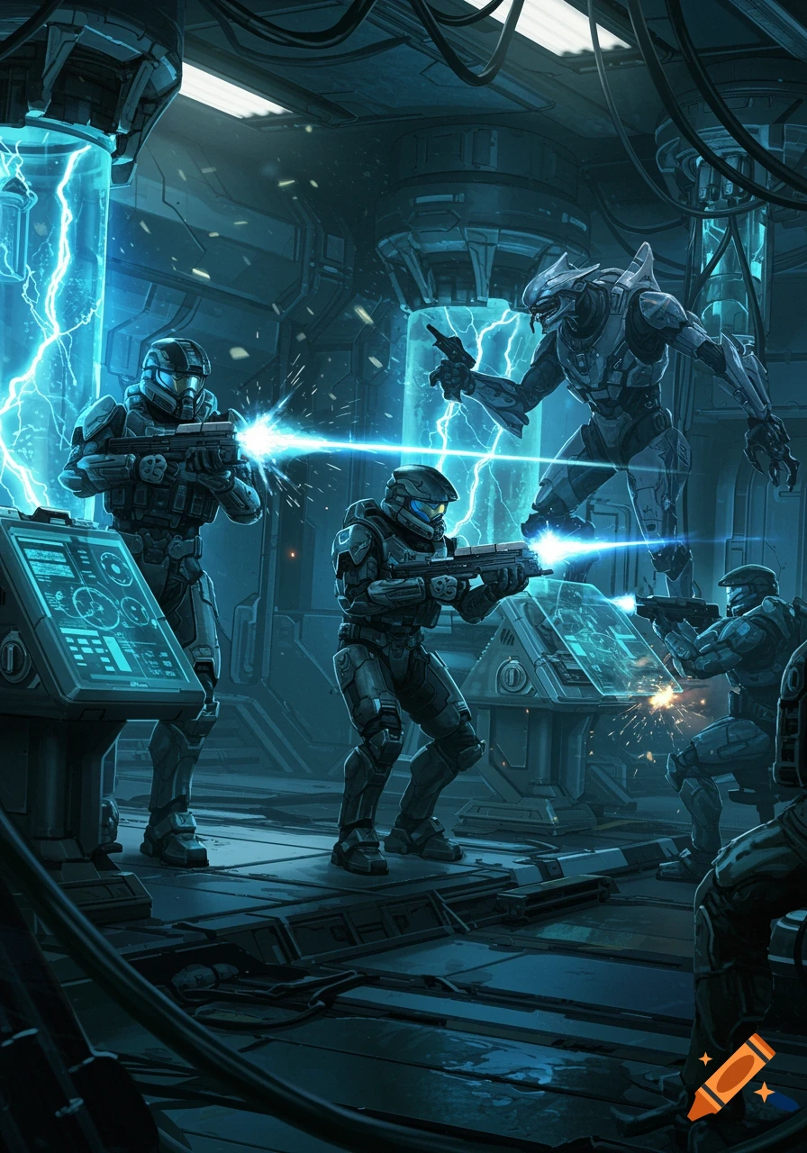 ODST soldiers battle an alien in a futuristic lab with blue lightning and laser fire.