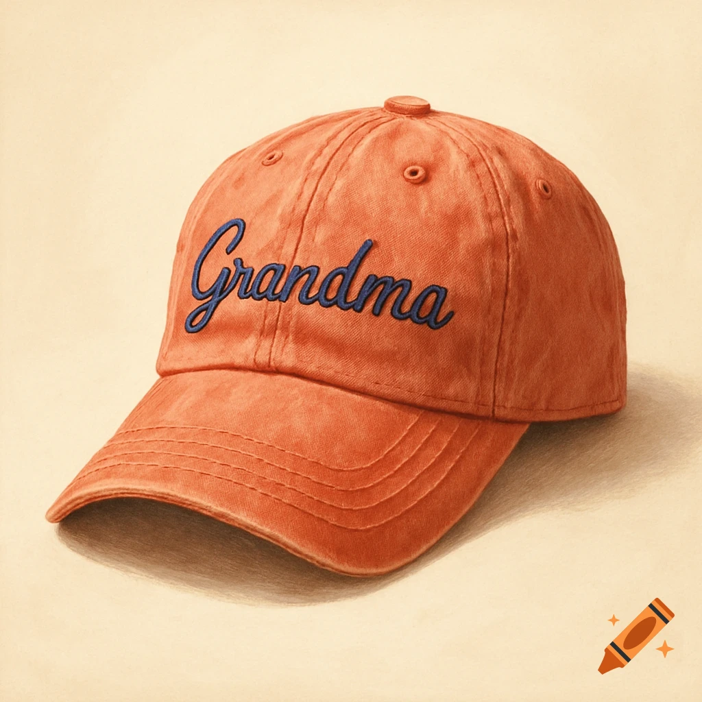 A coral-colored baseball cap with "Grandma" embroidered in blue on the front.