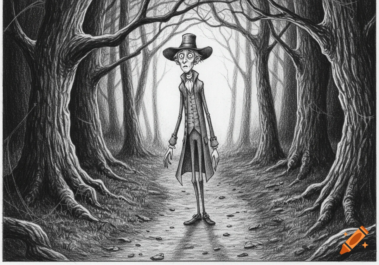 A black and white pencil sketch of a gaunt, wide-eyed man in a long coat and top hat standing on a path in a dark, gnarled forest.
