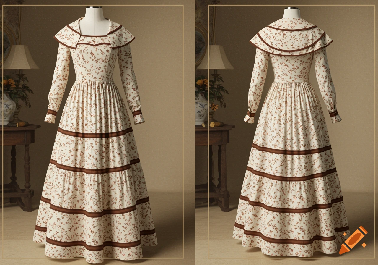 A cream floral Victorian-style dress with brown trim on a mannequin, shown from front and back view in a vintage setting.