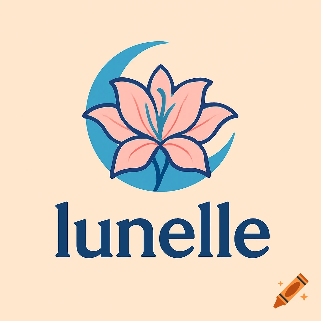 A minimalist logo featuring a pink moonflower in front of a blue crescent moon, with the word 'lunelle' below in dark blue.