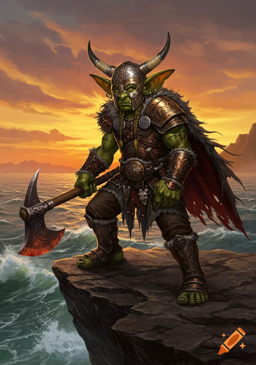 A fierce green goblin warrior in viking armor holds an axe, standing on a cliff overlooking a stormy sea at sunset.