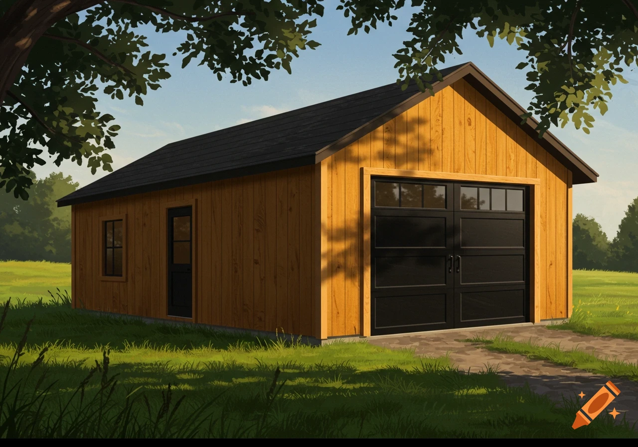 A honey-stained detached garage with black garage doors and a black roof sits in a grassy field under a sunny sky.