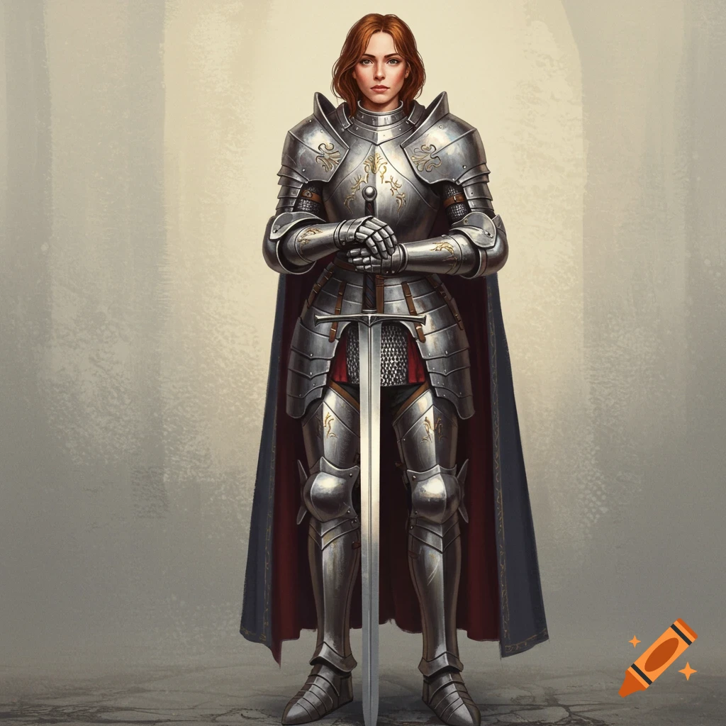 A full-body illustration of a woman knight in shining silver armor, holding a sword, against a neutral background.