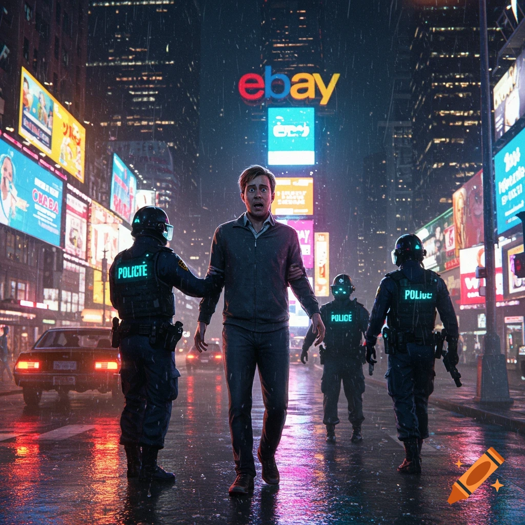 A man looking shocked is apprehended by police officers in a rainy, neon-lit city street at night, with a large eBay sign in the background.