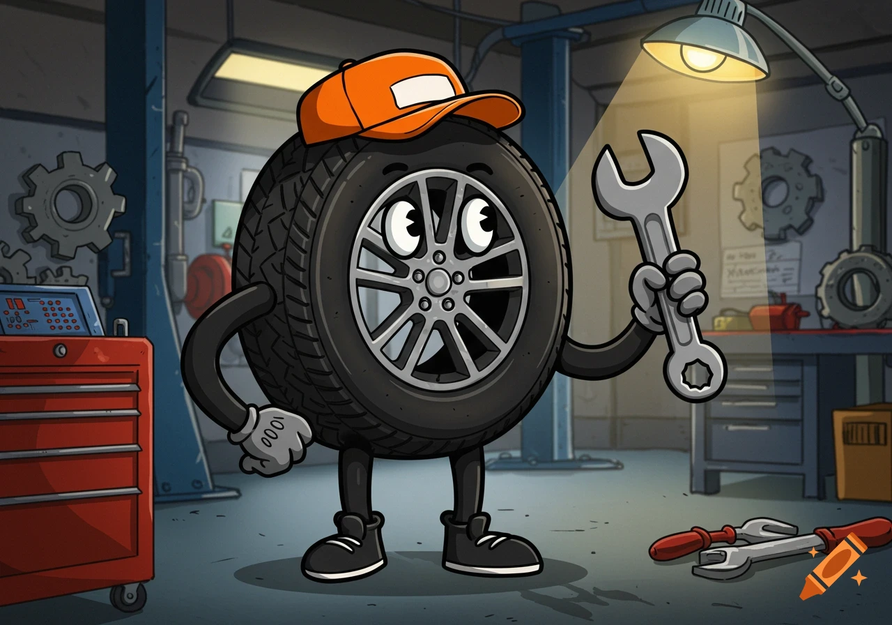 A cartoon tire character wearing an orange cap and holding a wrench in a garage.