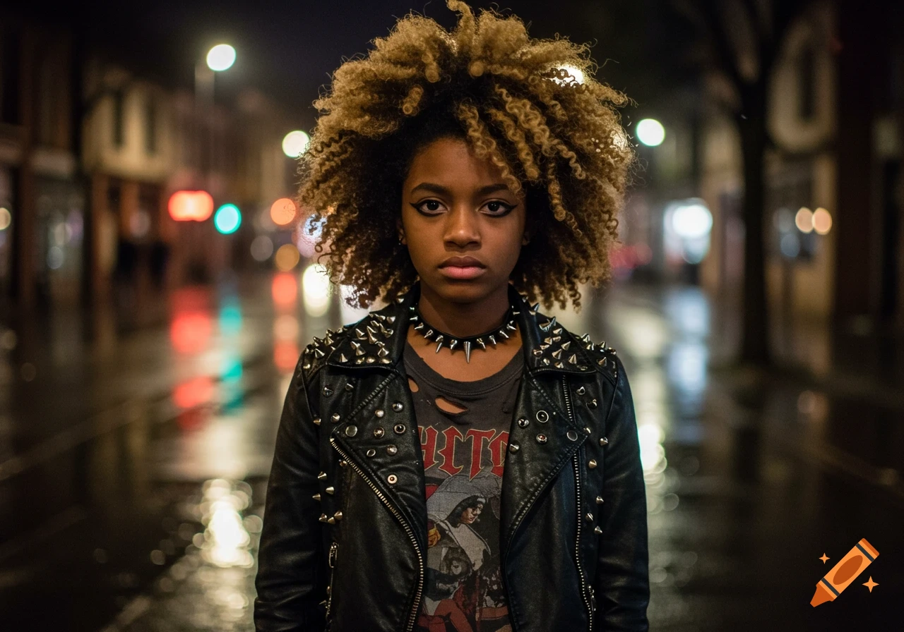 A photorealistic portrait of a young Black girl with blonde curly hair, wearing a black spiked leather jacket and choker, standing on a wet city street at night.