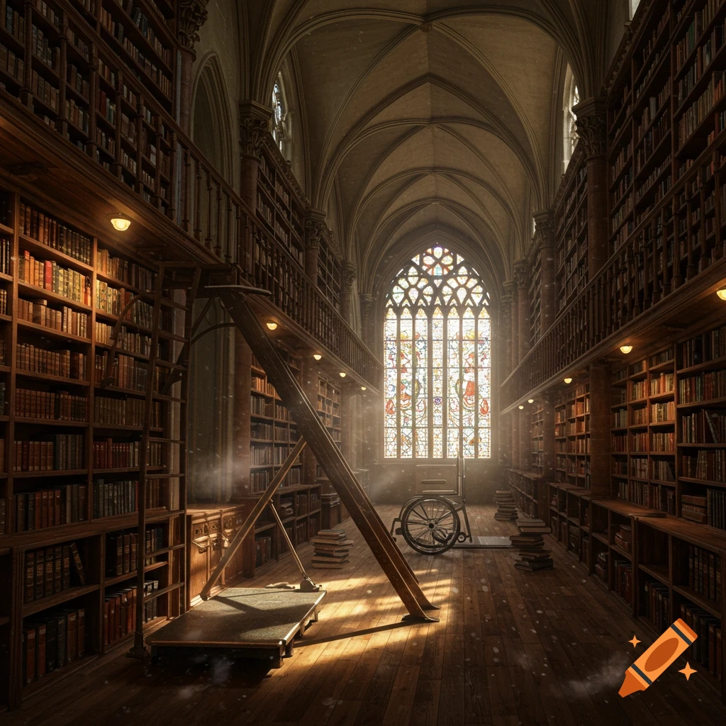 A grand library hall with tall wooden bookshelves, a large stained-glass window, and a rolling ladder with a wheelchair platform lift, bathed in sunlight.