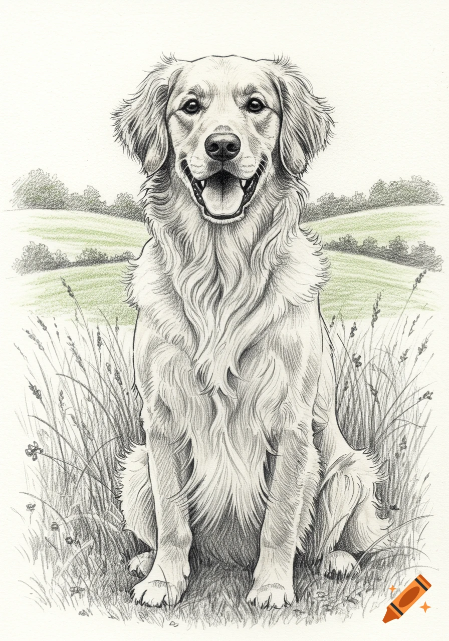 A detailed pencil sketch of a happy golden retriever sitting in a grassy field with rolling hills in the background.