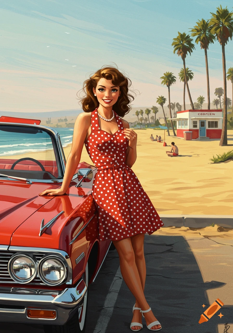 A smiling woman in a red polka dot dress leans on a classic red car at a sunny beach with palm trees in a retro art style.