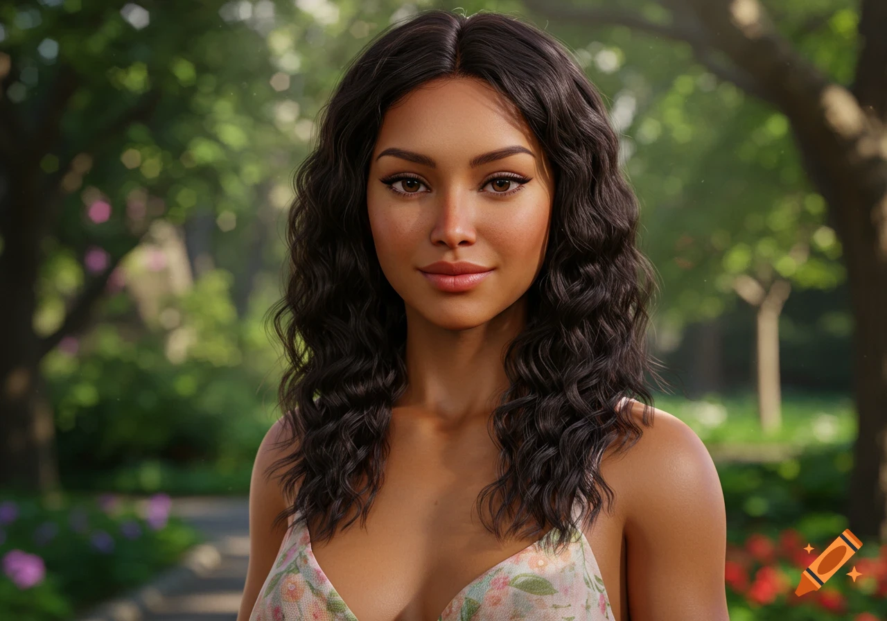A close-up, photorealistic portrait of a young woman with wavy dark hair, wearing a floral dress, smiling in a sunny park.