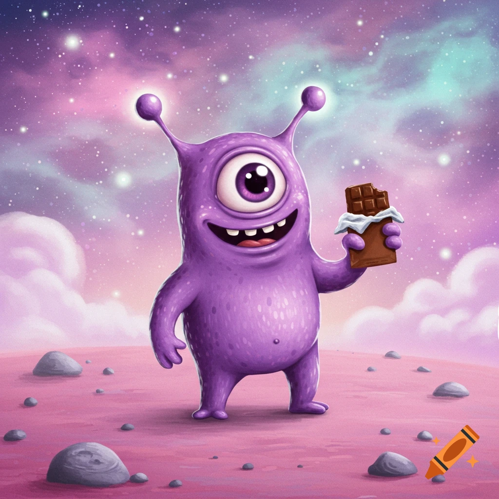 A friendly, cute purple one-eyed alien holding a chocolate bar, standing on a pink planet with a starry, cosmic sky.