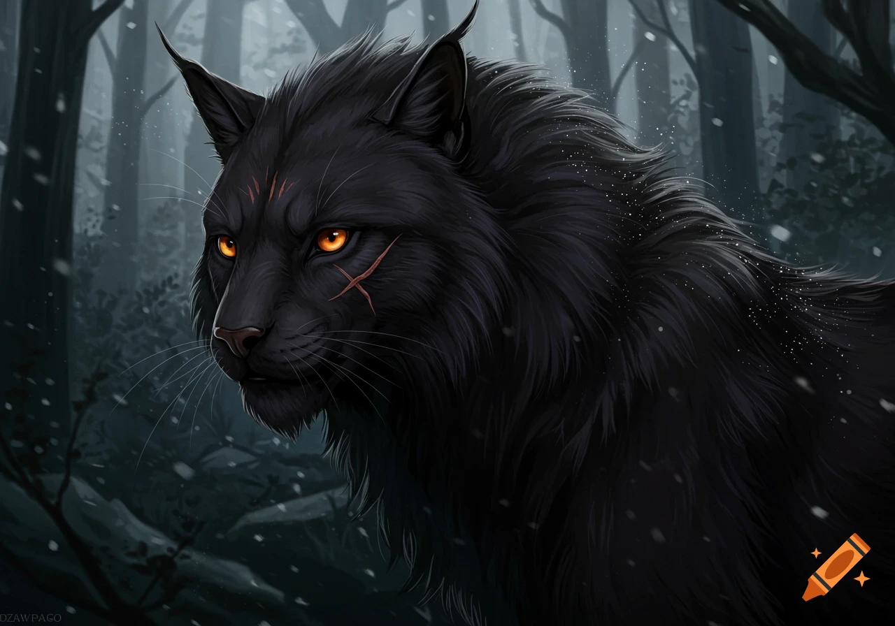 A digitally painted black feline creature with amber eyes and facial scars, featuring fluffy fur, in a snowy forest.