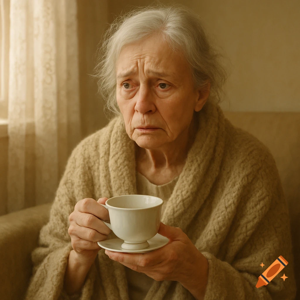 An elderly woman with gray hair sits indoors, looking distressed while holding a white teacup and saucer.