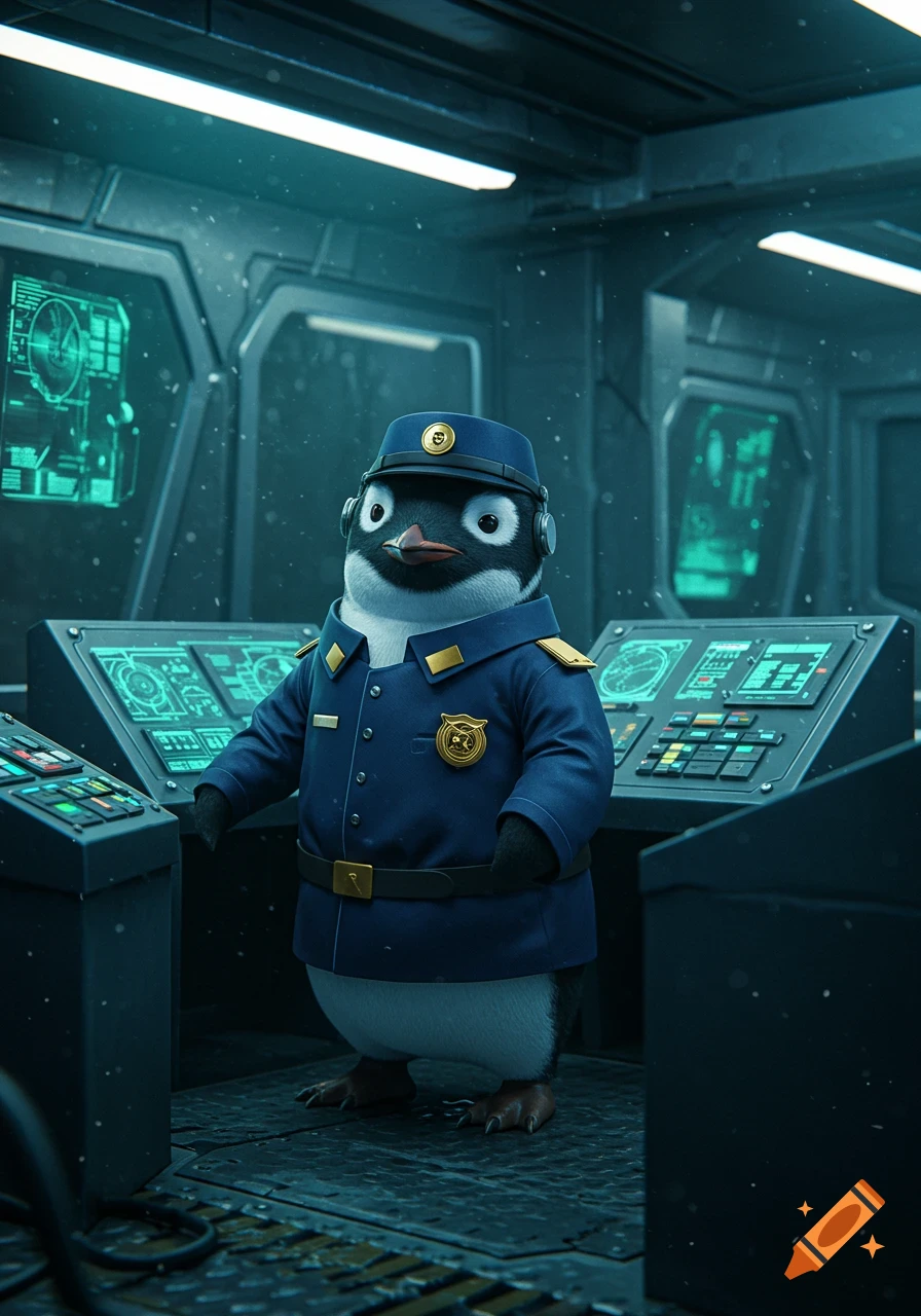 A cartoon penguin in a blue uniform and headphones stands in a futuristic control room with glowing green screens.