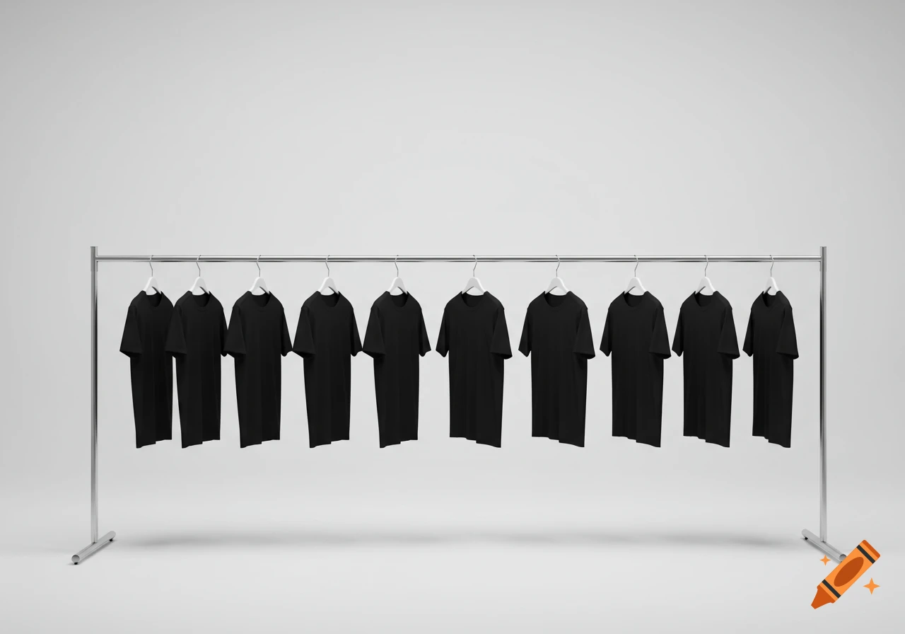 Photorealistic image of multiple black t-shirts on white hangers on a silver clothing rack against a plain white background.