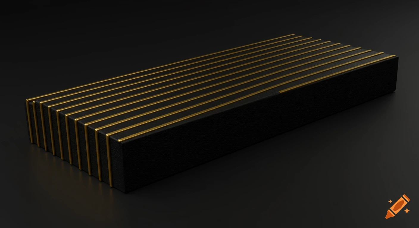 A sleek black rectangular box features multiple parallel gold stripes across its top surface, set against a dark background.
