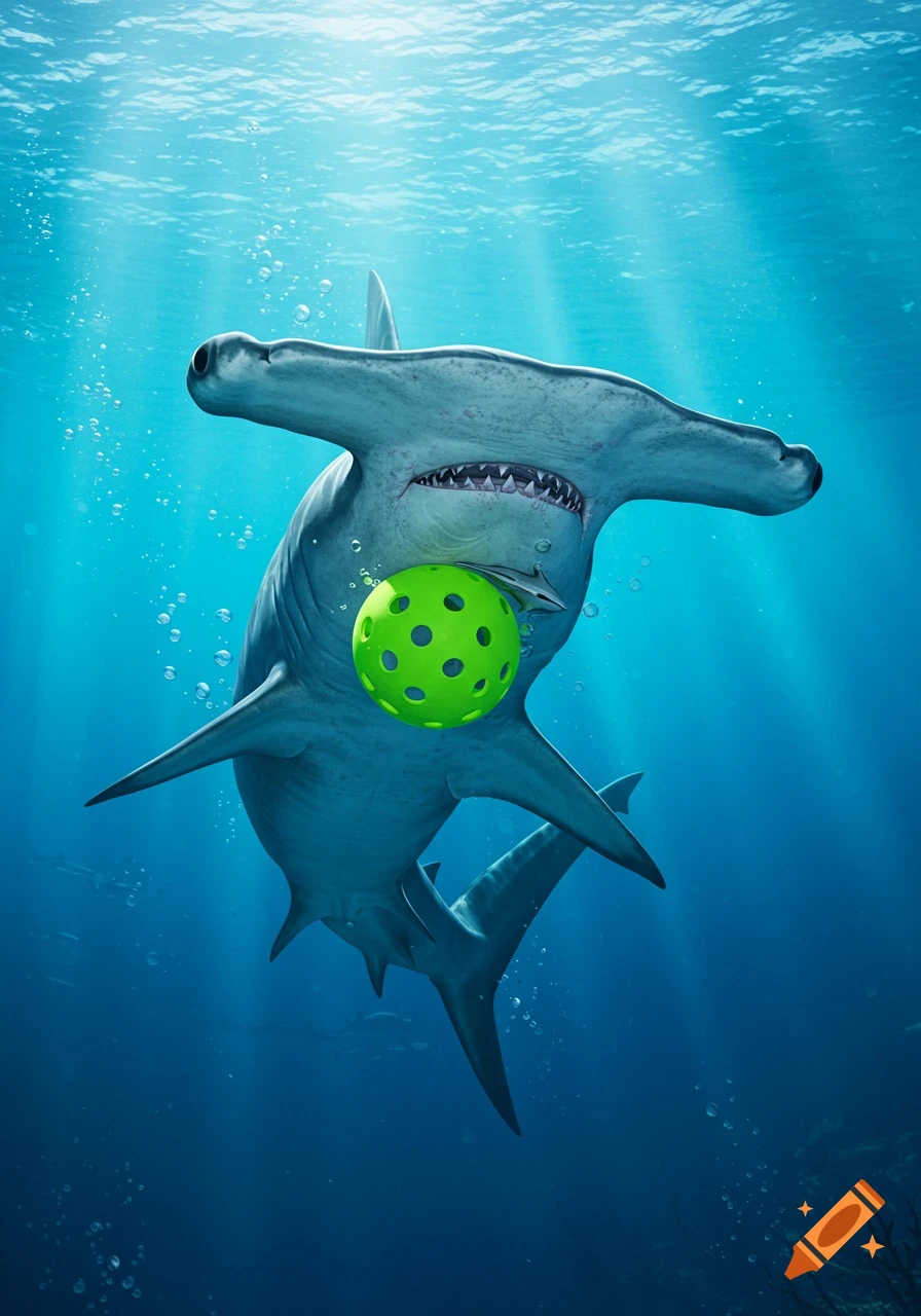 A stylized hammerhead shark is depicted underwater, its mouth open, biting a bright green pickleball. Light rays stream from the surface.