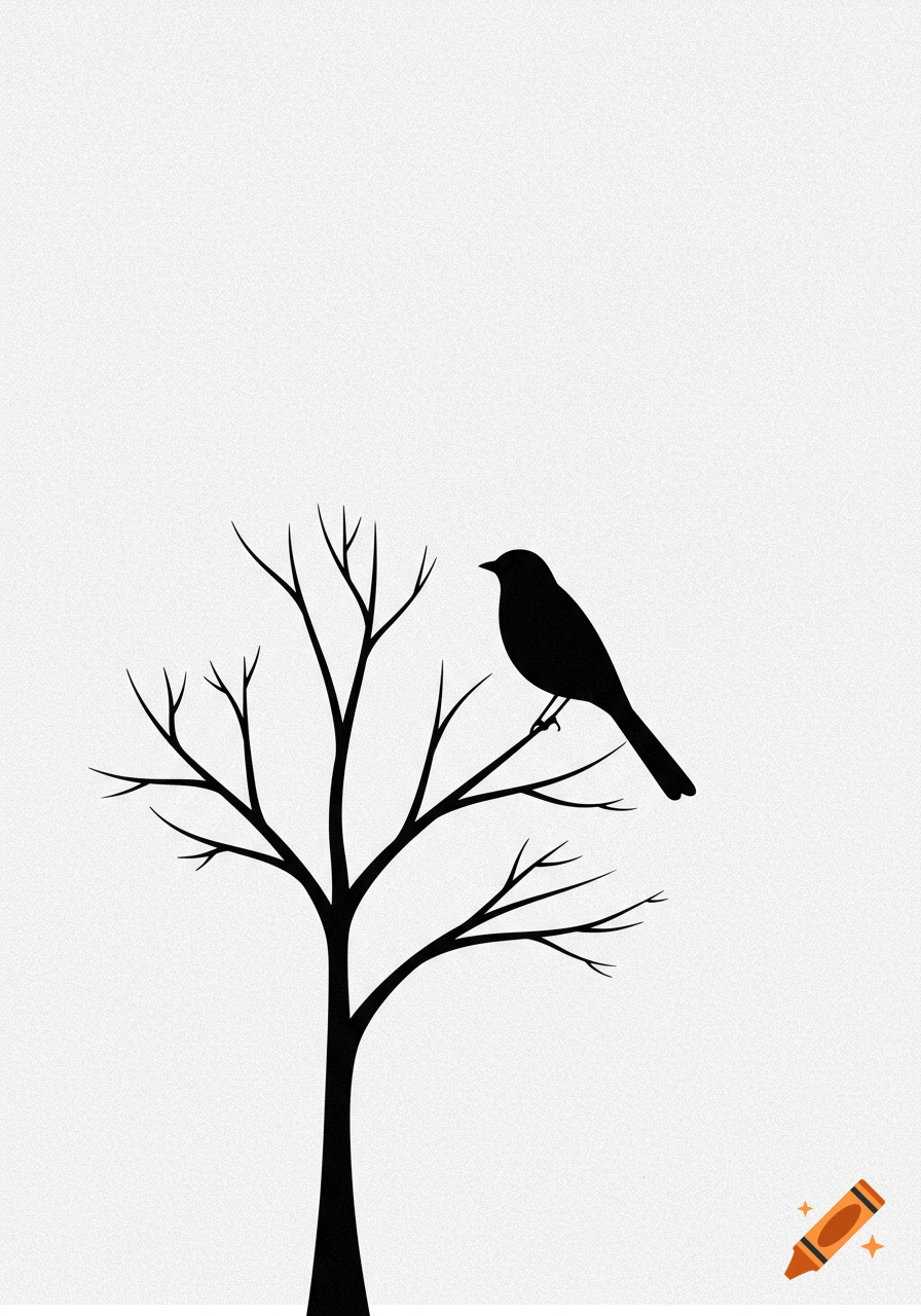 Minimalistic black silhouette of a bird perched on a bare tree against a white background.