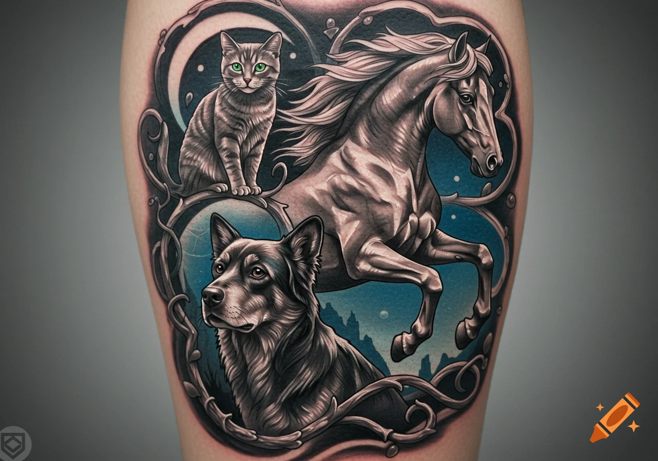 Realistic tattoo on skin featuring a cat, a horse, and a dog framed by swirling designs against a blue background.