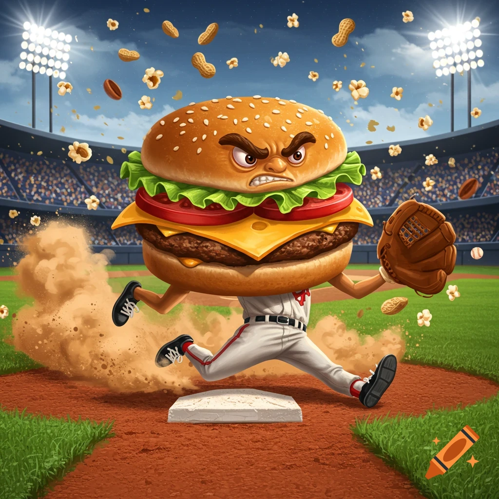 An angry cartoon hamburger, dressed in a baseball uniform with a mitt, slides into a base on a baseball field as popcorn and peanuts fly.